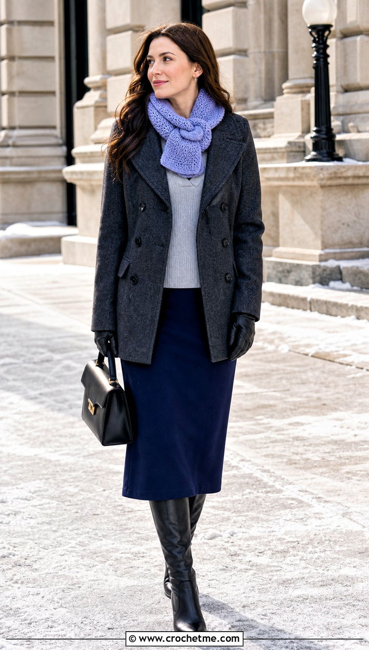 Keyhole Crochet Scarflet With Peacoat And Knee High Boots - 35 crochet mini scarf outfit ideas