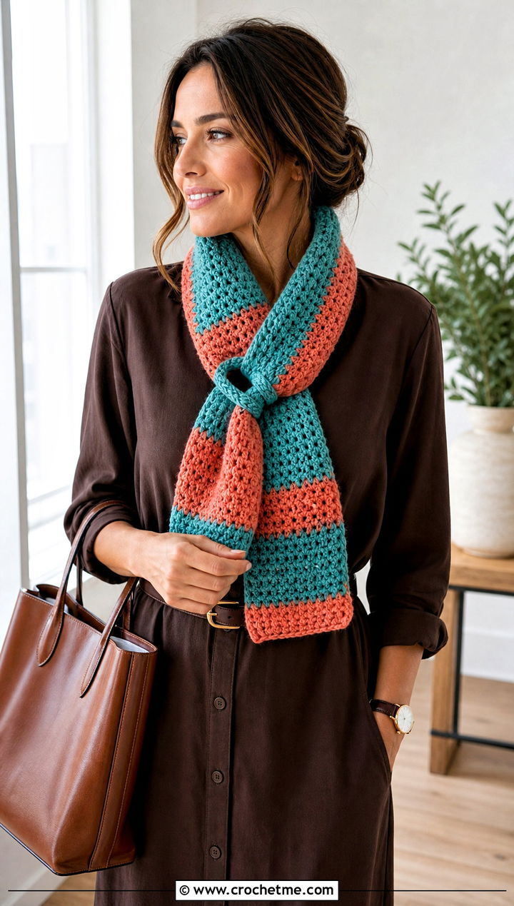 Keyhole Crochet Striped Scarf With Shirt Dress - 25 crochet striped scarf outfit ideas