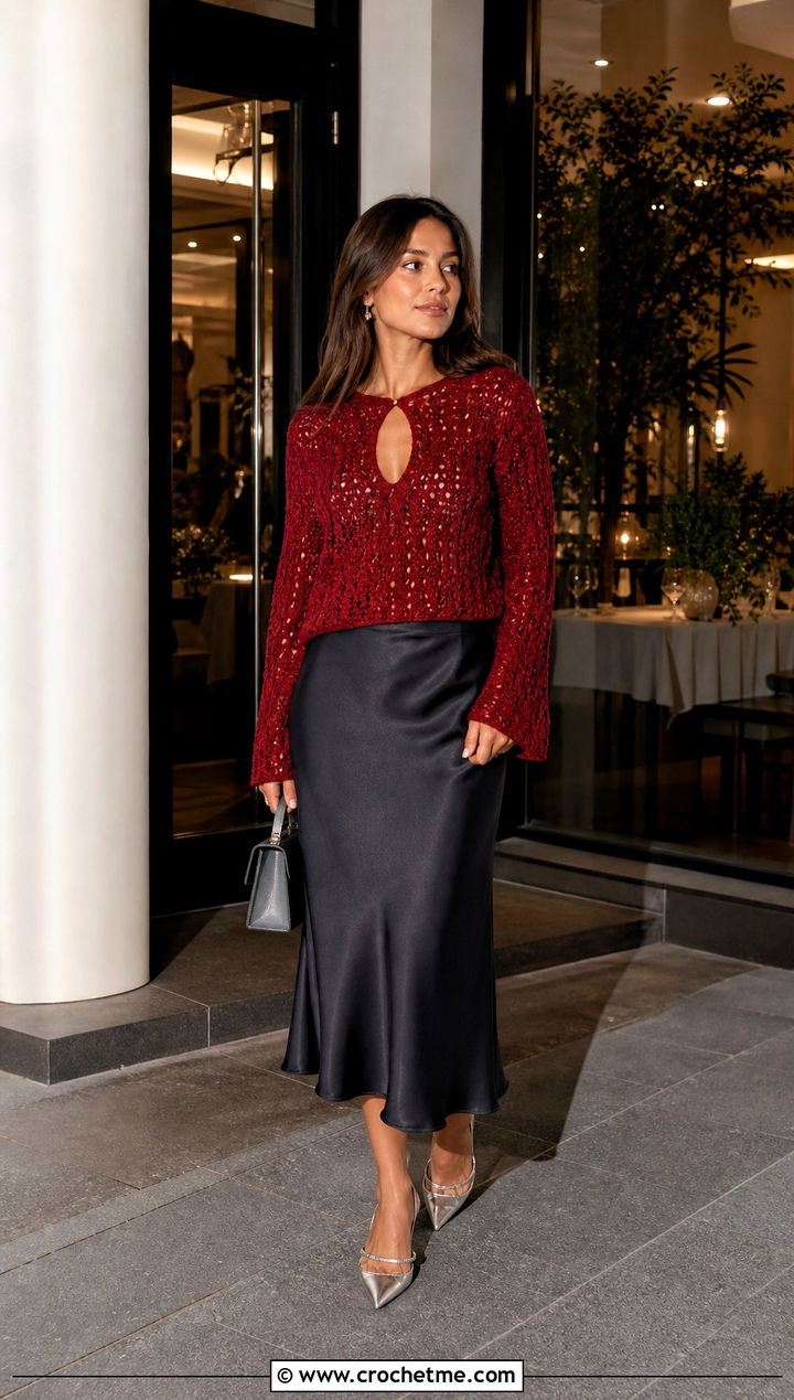 Keyhole Crochet Sweater With A Bias Cut Skirt - 30 crochet key sweater outfit ideas
