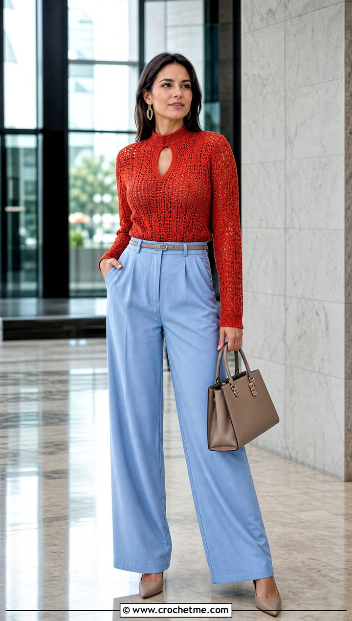 Keyhole Crochet Sweater With Wide Leg Suit Pants - 35 diy crochet sweater outfit ideas