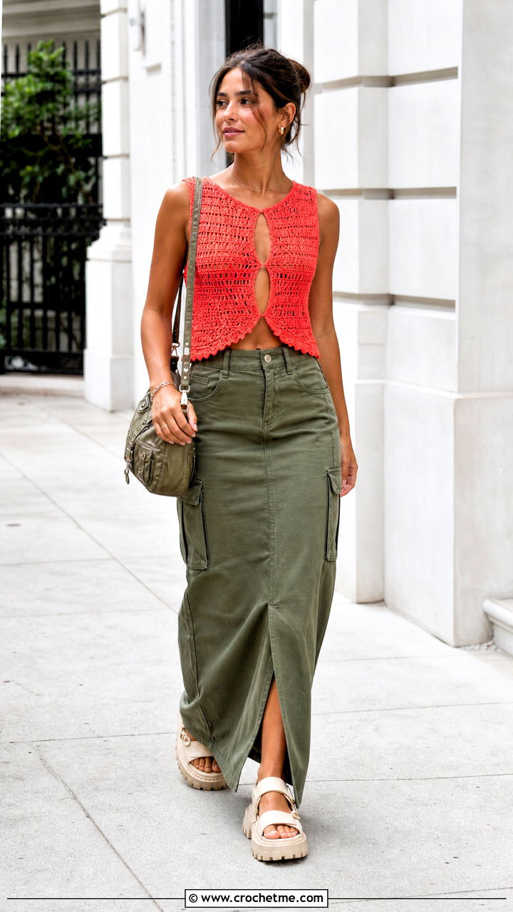Keyhole Crochet Top With Cargo Maxi Skirt - 35 aesthetic crochet tops outfit ideas
