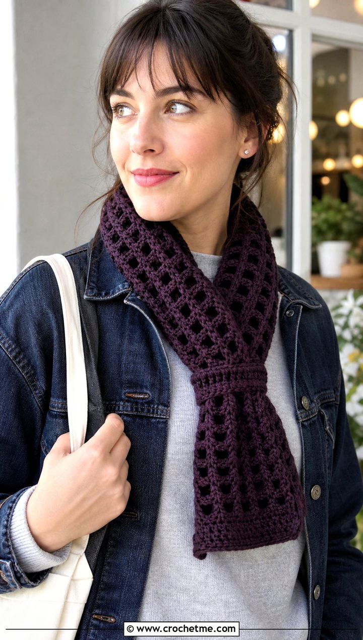 Keyhole Crochet Windowpane Scarf With Sweater And Jeans - 15 crochet windowpane scarf outfit ideas