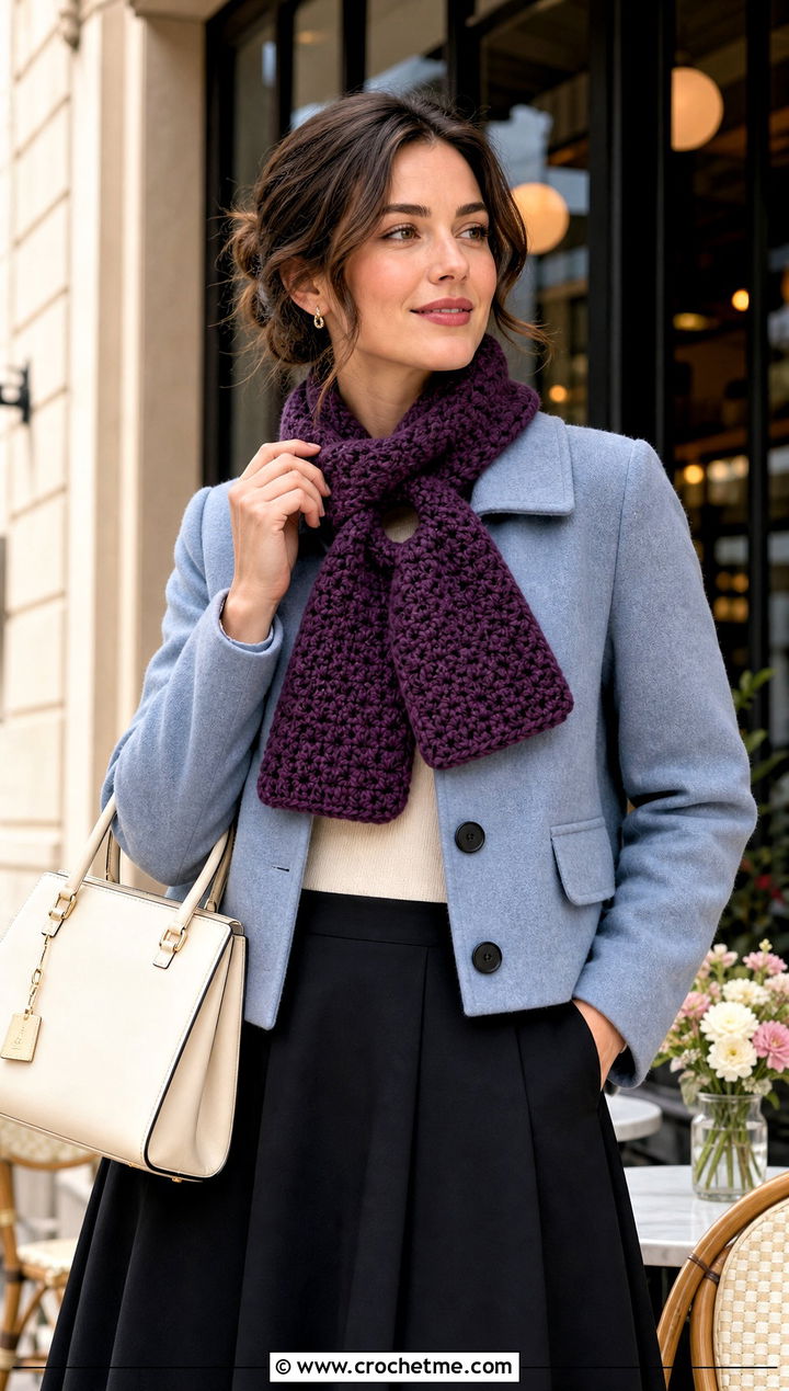 Keyhole Crochet Winter Scarf With Cropped Wool Jacket - 35 crochet winter scarf outfit ideas