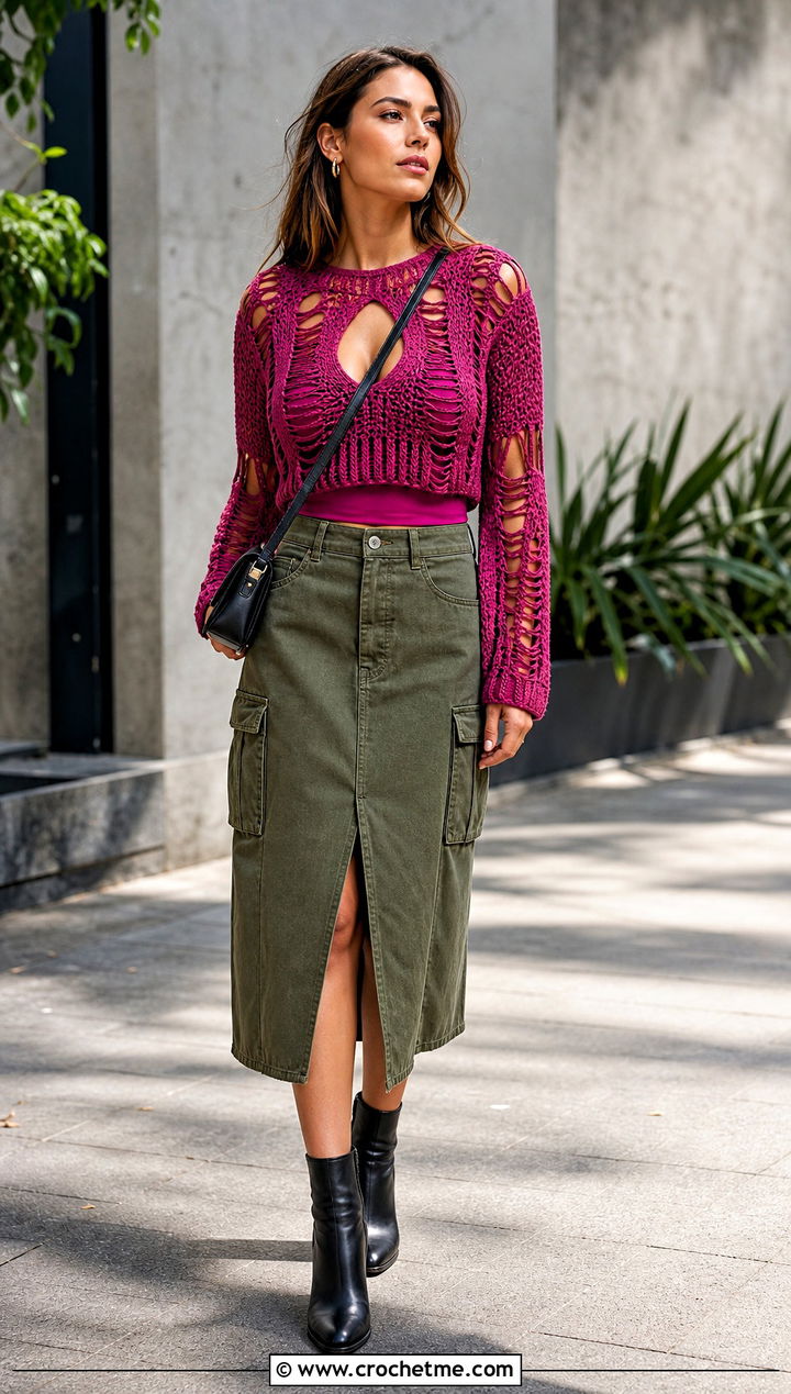 Keyhole Distressed Crochet Top With Utility Midi Skirt - 35 Distressed Crochet Top outfit ideas