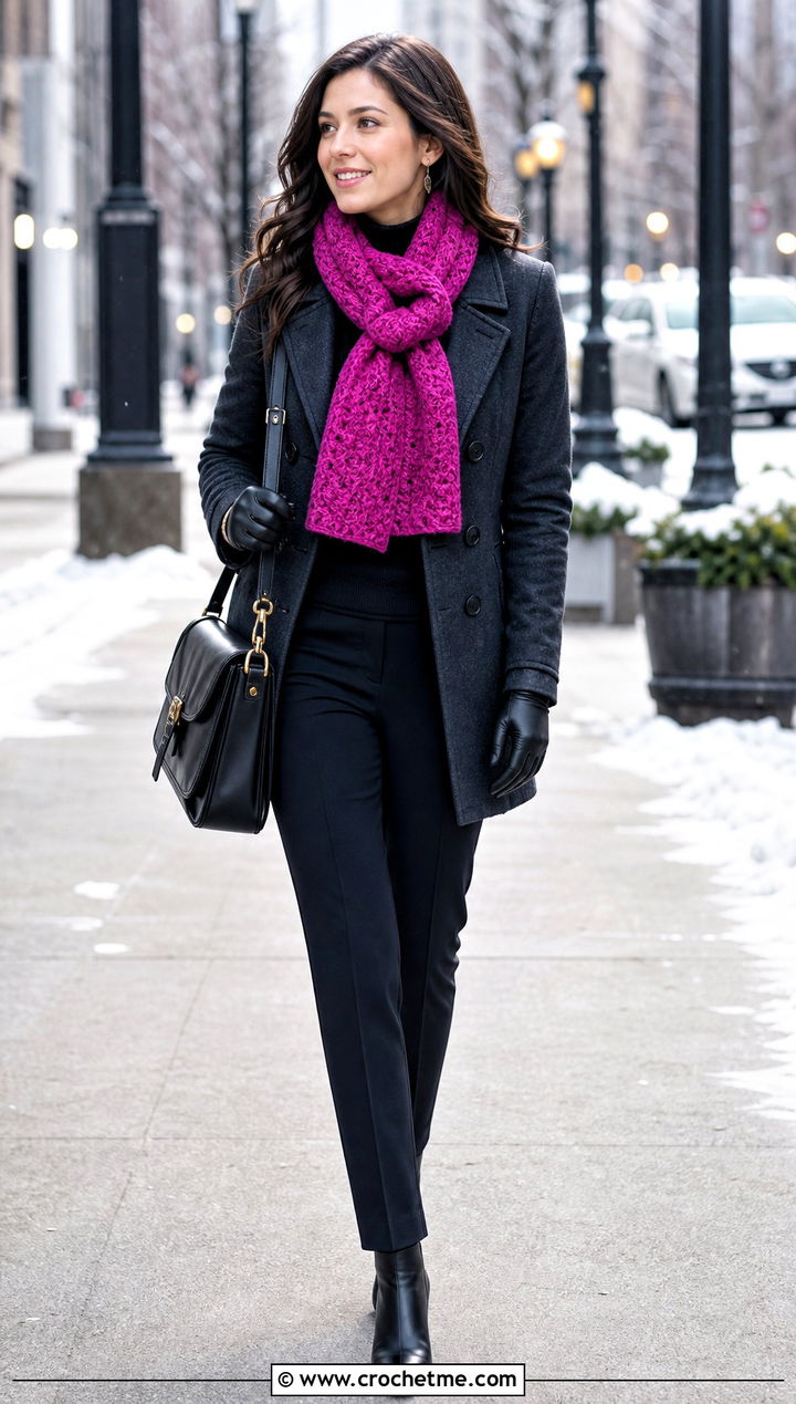 Keyhole Double Crochet Scarf With Peacoat And Ankle Boots - 35 double crochet scarf outfit ideas