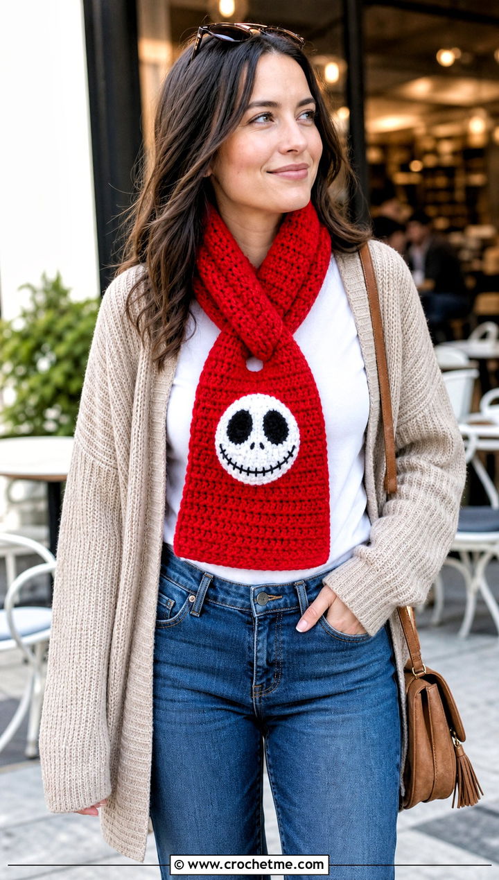 Keyhole Jack Skellington Crochet Scarf With Cardigan - 20 Crochet Jack Skellington Scarf outfit ideas