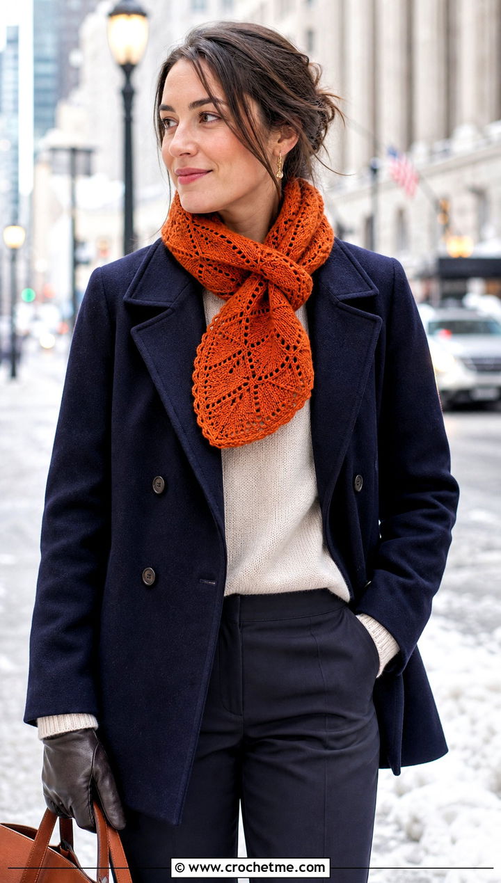 Keyhole Leaf Scarf With Peacoat - 25 crochet leaf scarf outfit ideas