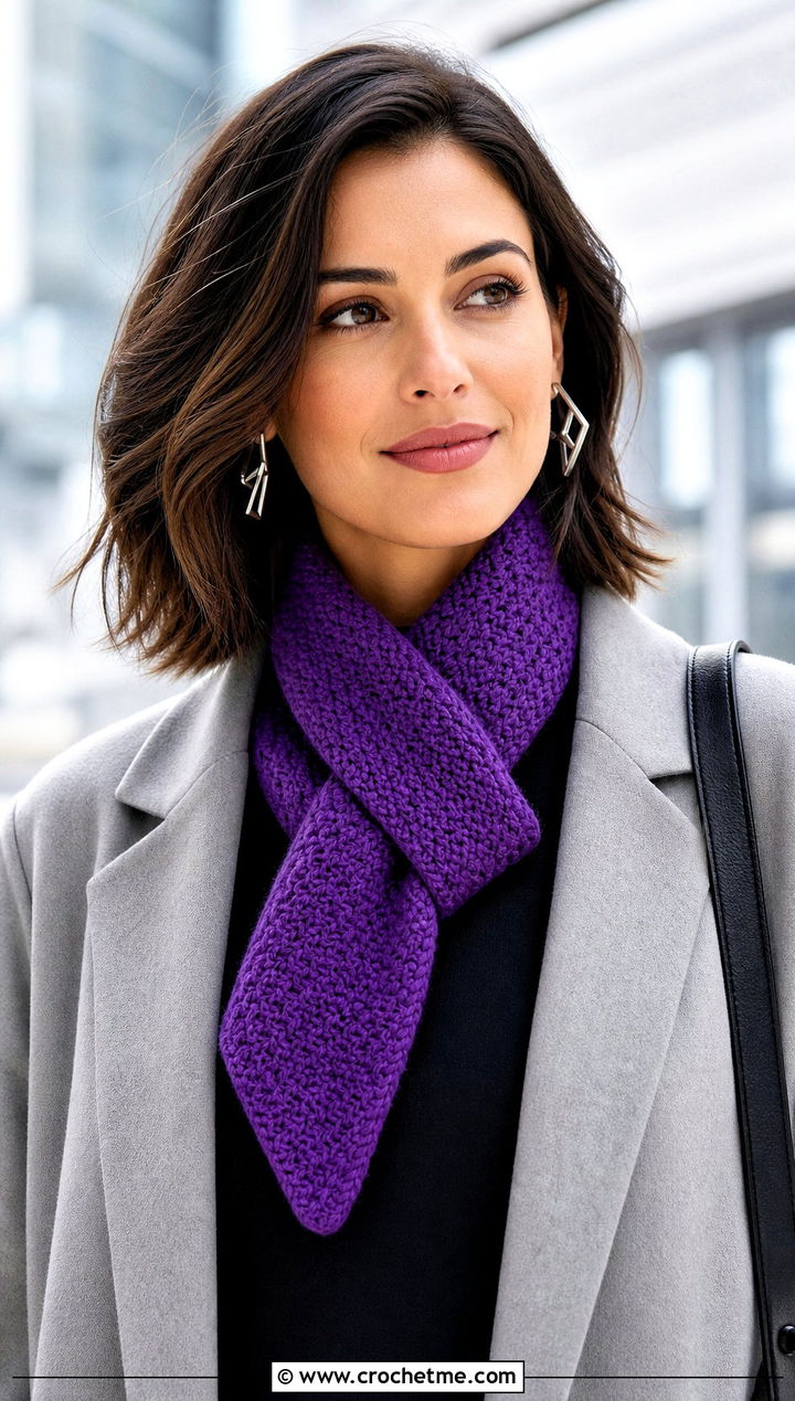 Keyhole Lemon Peel Stitch Scarf With Minimalist Coat - 20 Crochet Lemon Peel Stitch Scarf outfit ideas