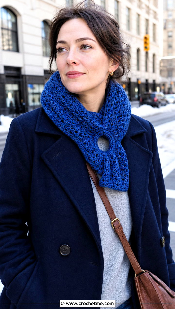 Keyhole Mesh Crochet Scarf With Peacoat And Jeans - 25 Mesh Crochet Scarf outfit ideas