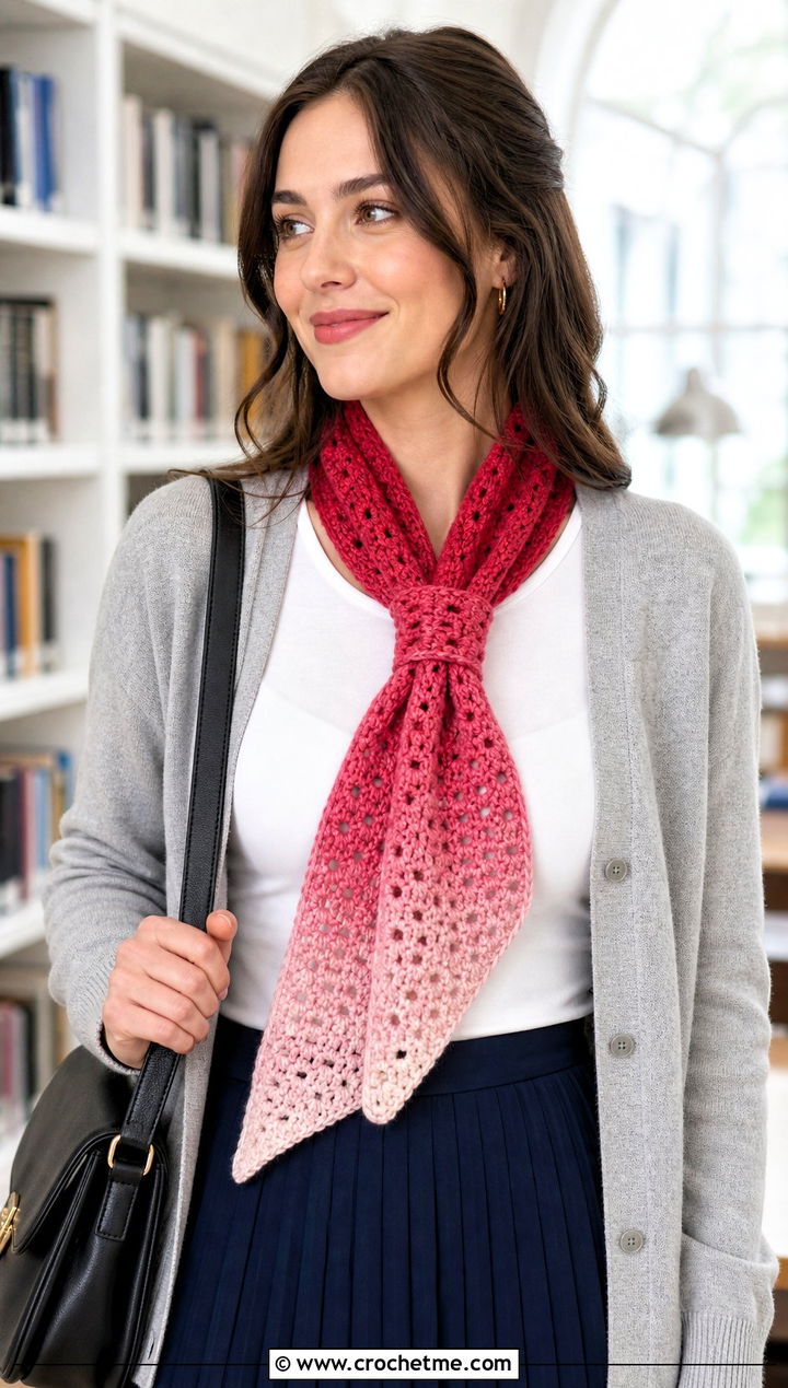 Keyhole Ombre Crochet Scarf With Cardigan And Midi Skirt - 25 Ombre Crochet Scarf outfit ideas