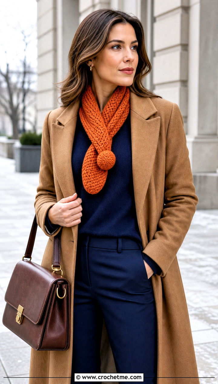 Keyhole One Ball Crochet Scarf With Wool Coat - 15 one ball crochet scarf outfit ideas