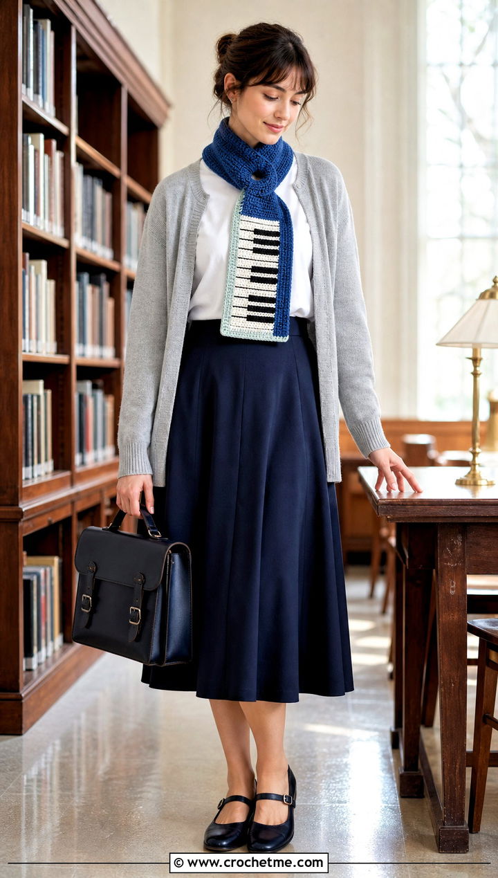 Keyhole Piano Scarf With Cardigan And Skirt - 35 crochet piano scarf outfit ideas