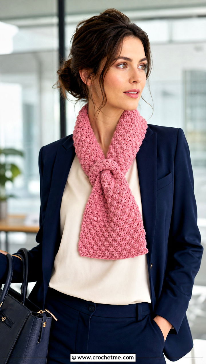 Keyhole Popcorn Crochet Scarf With Tailored Suit - 25 Popcorn Crochet Scarf outfit ideas
