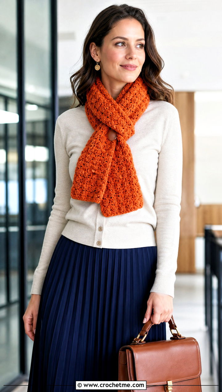 Keyhole Puff Stitch Scarf With Cardigan And Midi Skirt - 15 Playful Puffs Crochet Scarf outfit ideas
