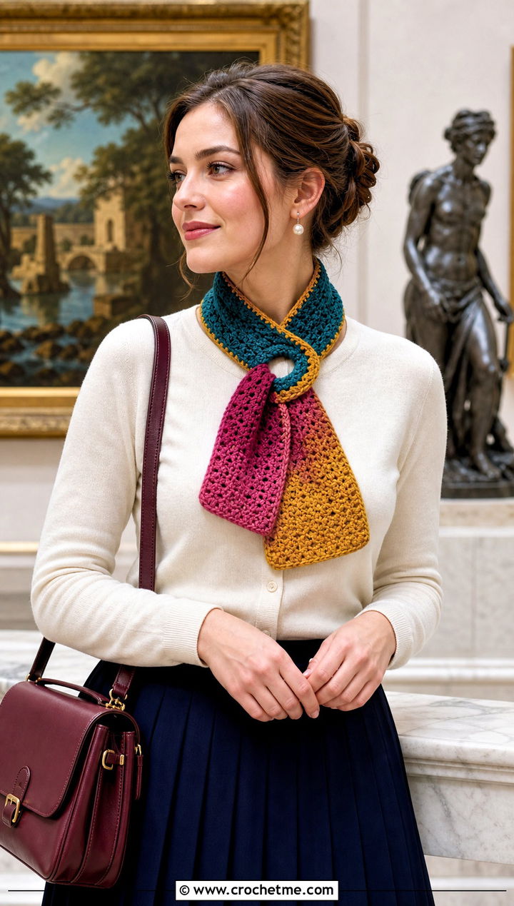 Keyhole Rainbow Scarf With Cardigan And Pleated Skirt - 15 Crochet Rainbow Scarf outfit ideas