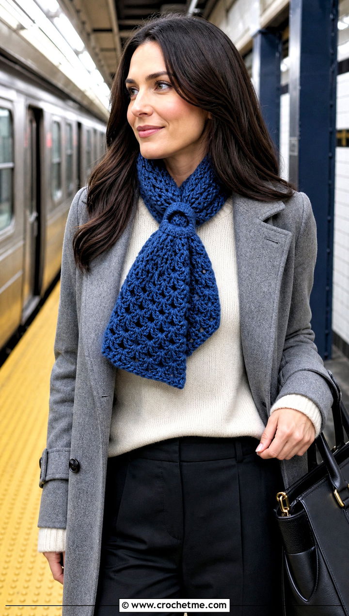 Keyhole Shell Scarf With Peacoat And Ankle Pants - 25 crochet shell scarf outfit ideas