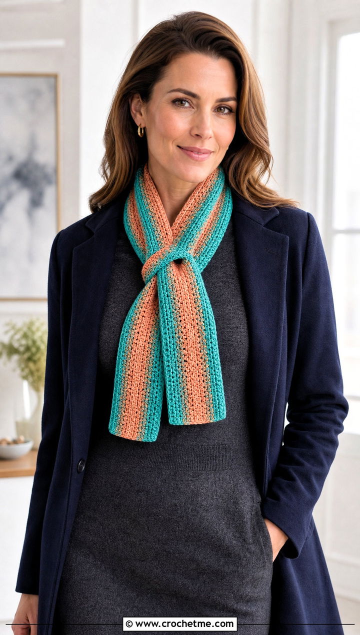Keyhole Stripe Crochet Scarf With Sweater Dress - 30 Stripe Crochet Scarf outfit ideas