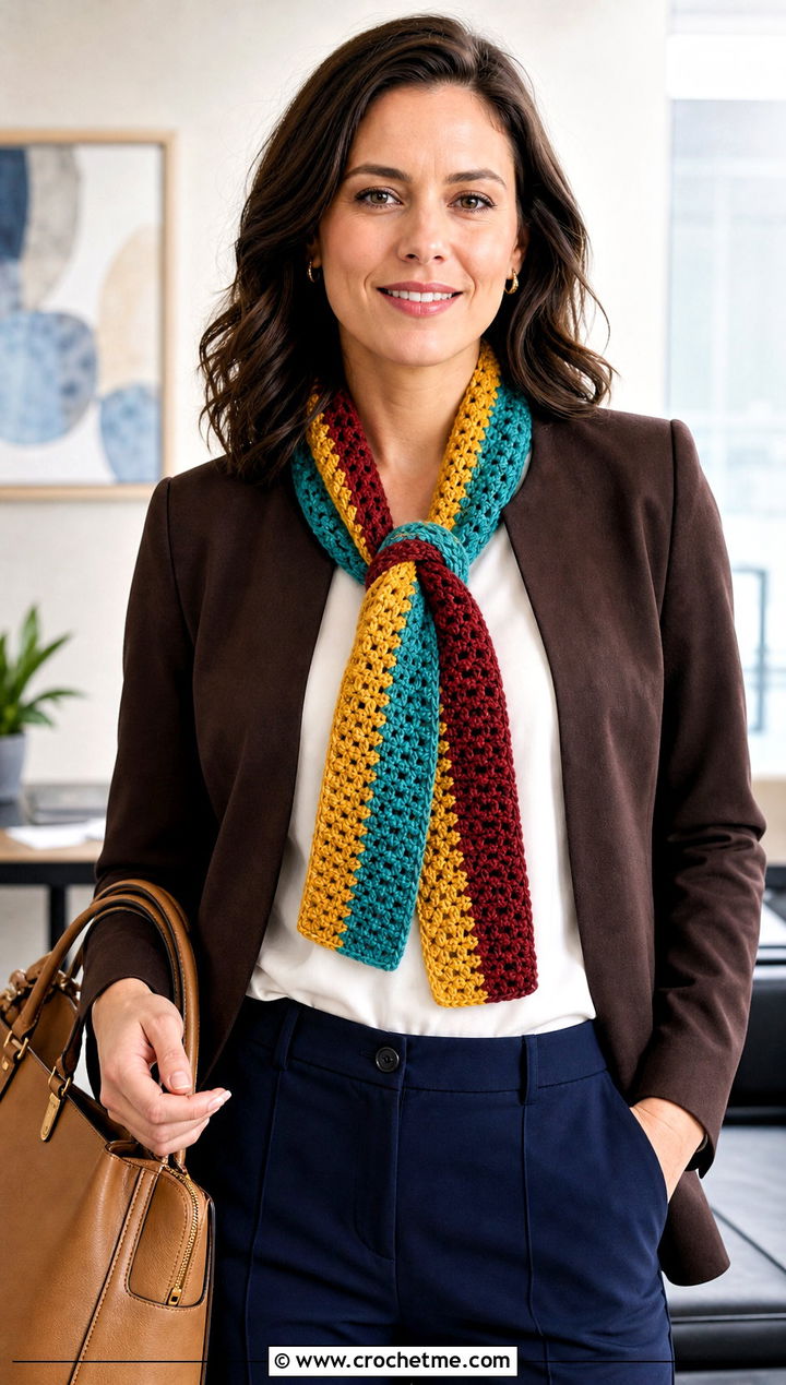 Keyhole Striped Crochet Scarf With Collarless Jacket - 30 striped crochet scarf outfit ideas