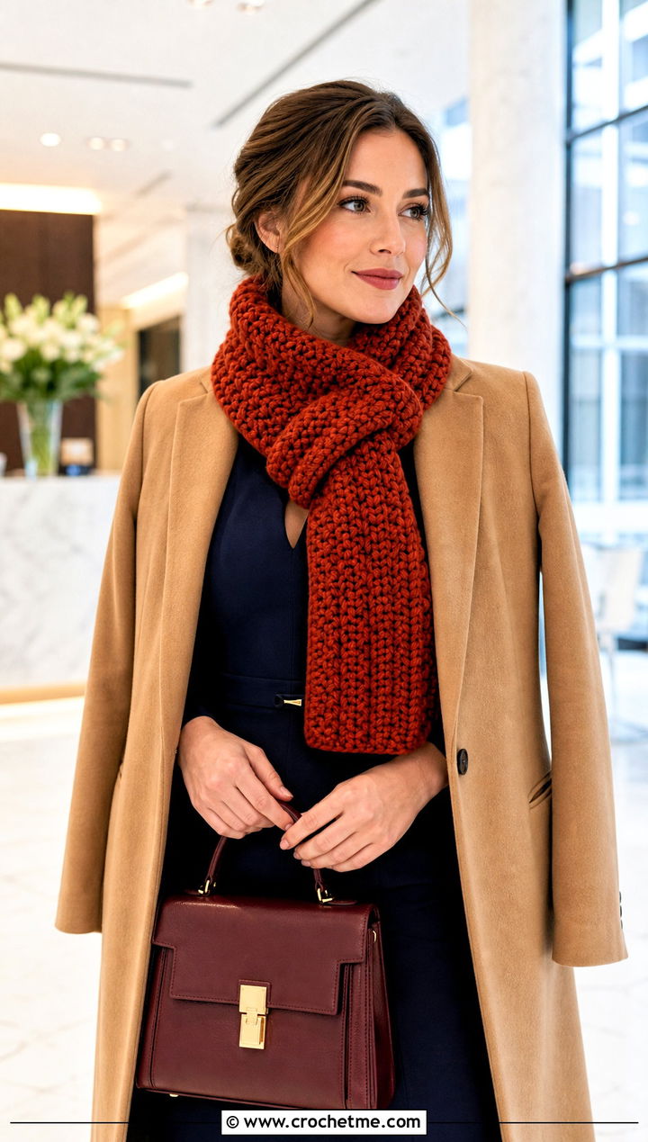 Keyhole Super Chunky Crochet Scarf With Office Dress - 25 Super Chunky Crochet Scarf outfit ideas