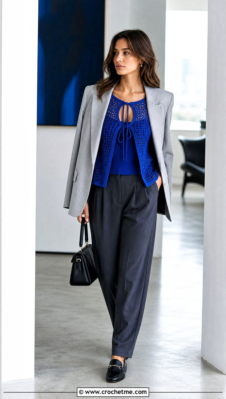 Keyhole Tie Front Crochet Peekaboo Top With Tailored Trousers - 15 crochet peekaboo top outfit ideas