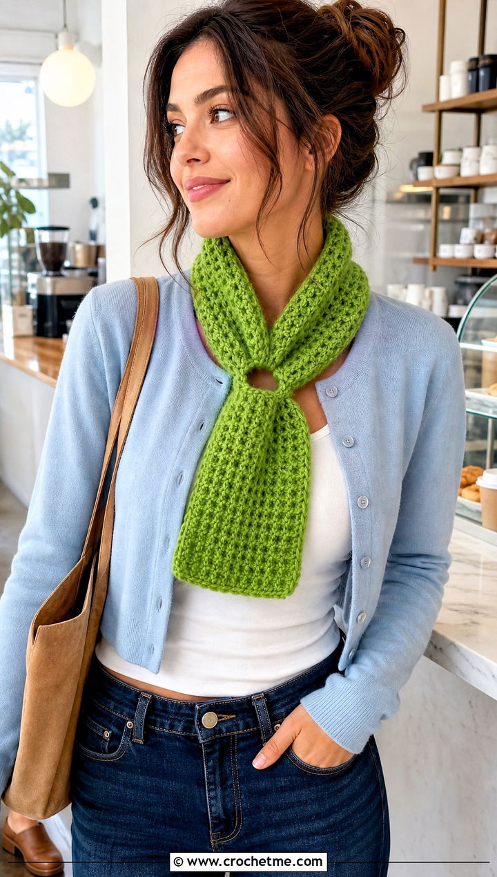 Keyhole Waffle Stitch Crochet Scarf With Cardigan - 30 waffle stitch crochet scarf outfit ideas