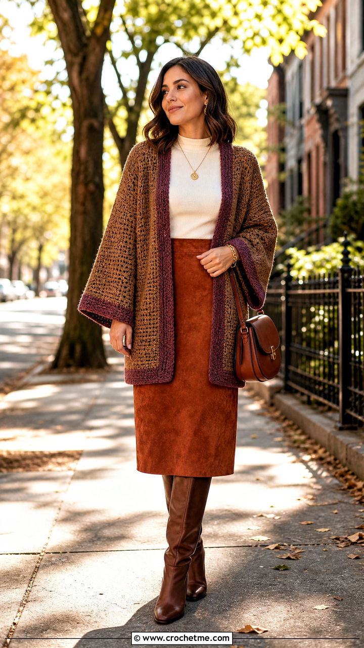 Kimono Brown Crochet Cardigan With Suede Skirt - 35 Brown Crochet Cardigan outfit ideas