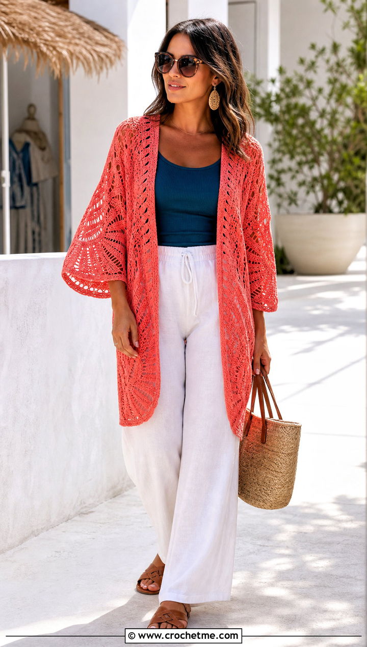 Kimono Cardigan With Fan Lace Sleeves And Linen Pants - 15 crochet cardigan with lace sleeves outfit ideas