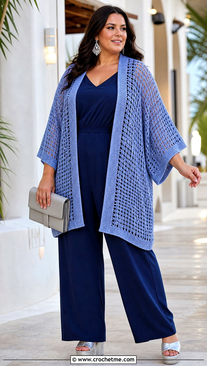 Kimono Crochet Cardigan With Jumpsuit - 30 crochet plus size cardigan outfit ideas