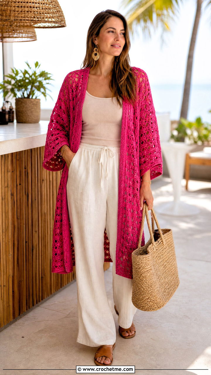 Kimono Crochet Cardigan With Linen Trousers - 35 simple crochet cardigan outfit ideas