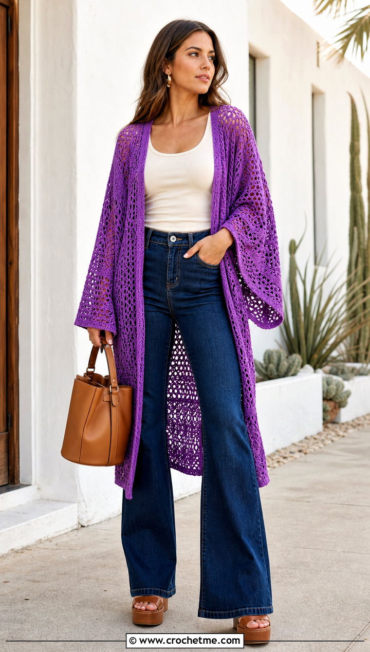 Kimono Crochet Cardigan With Tank And Flared Jeans - 35 ladies crochet cardigan outfit ideas