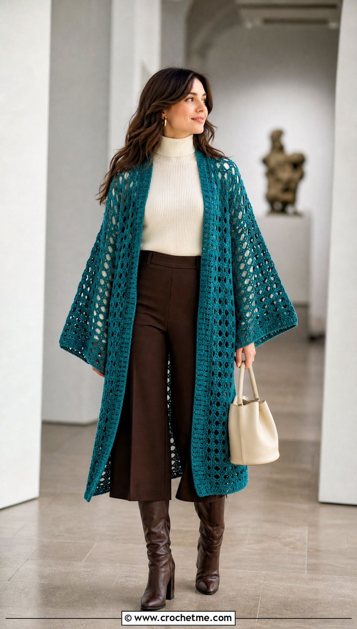 Kimono Crochet Cardigan With Turtleneck And Culottes - 35 fall crochet cardigan outfit ideas
