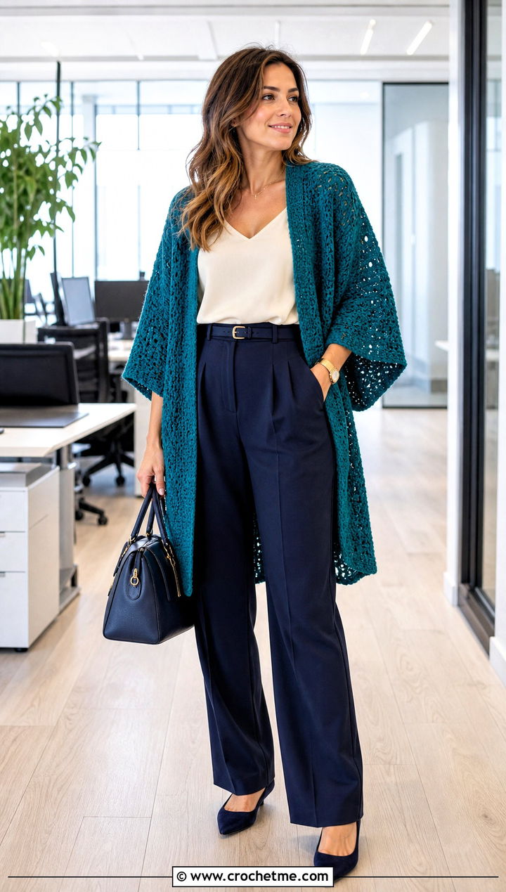 Kimono Crochet One Piece Cardigan With Tailored Trousers - 30 crochet one piece cardigan outfit ideas