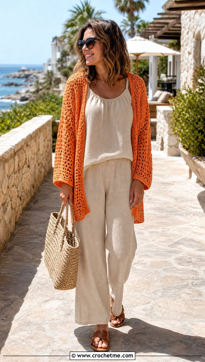 Kimono Crochet Shrug With Linen Set - 30 easy simple crochet shrug outfit ideas