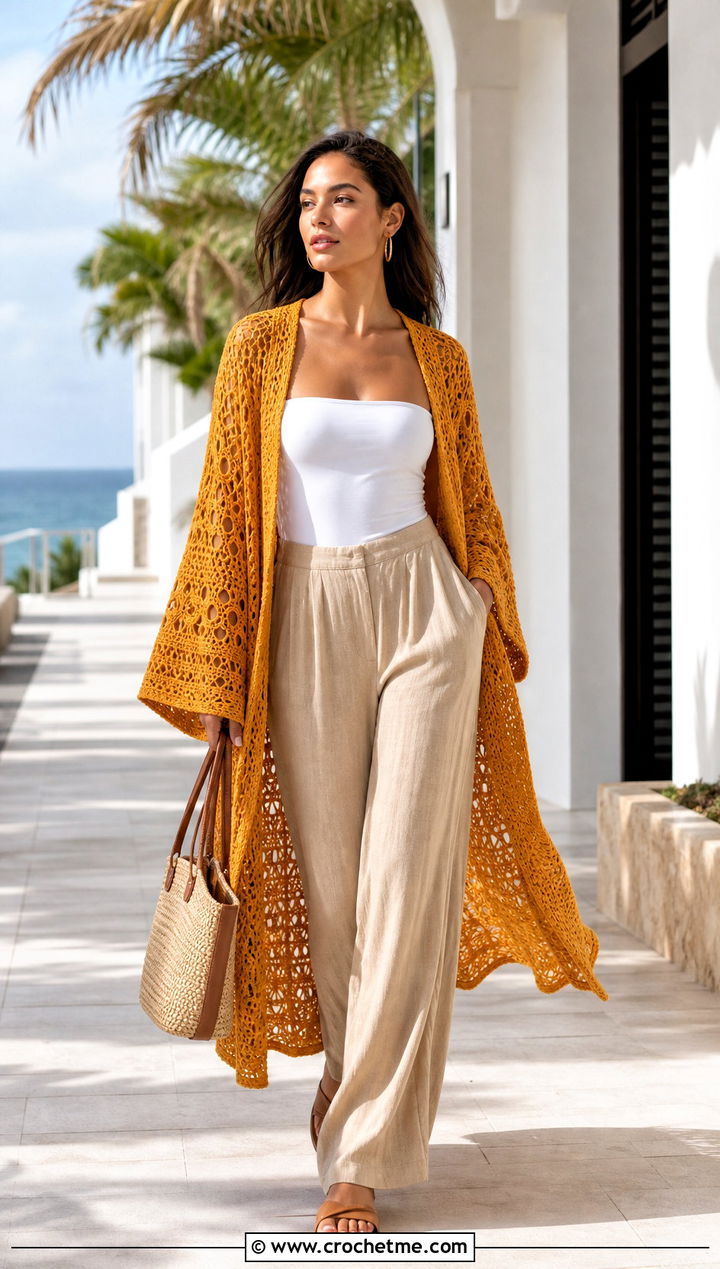 Kimono Gold Crochet Cardigan With Linen Pants - 15 gold crochet cardigan outfit ideas