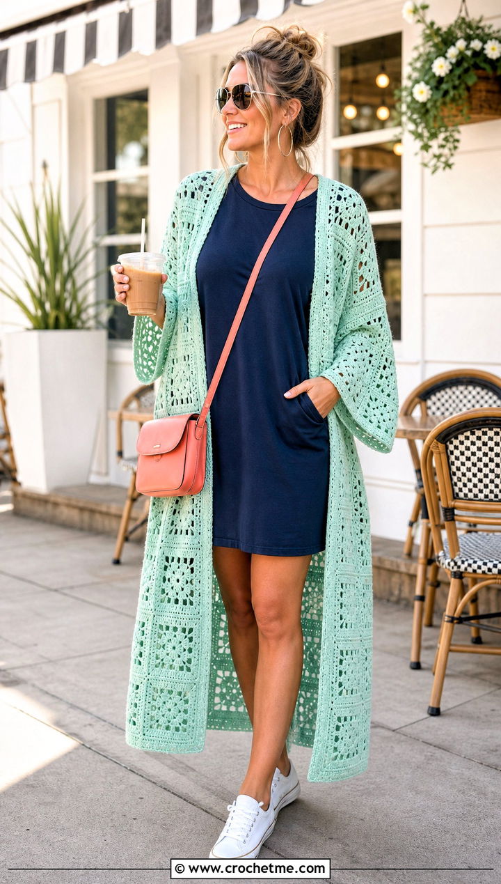 Kimono Granny Square Crochet Duster With T Shirt Dress - 15 Granny Square Crochet Duster outfit ideas