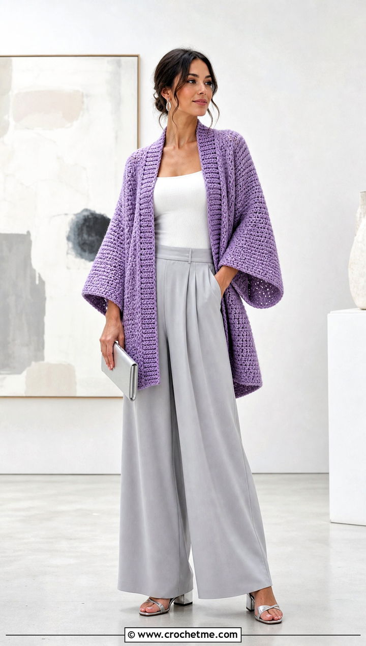 Kimono Oversized Chunky Crochet Cardigan With Wide Leg Trousers - 25 oversized chunky crochet cardigan outfit ideas