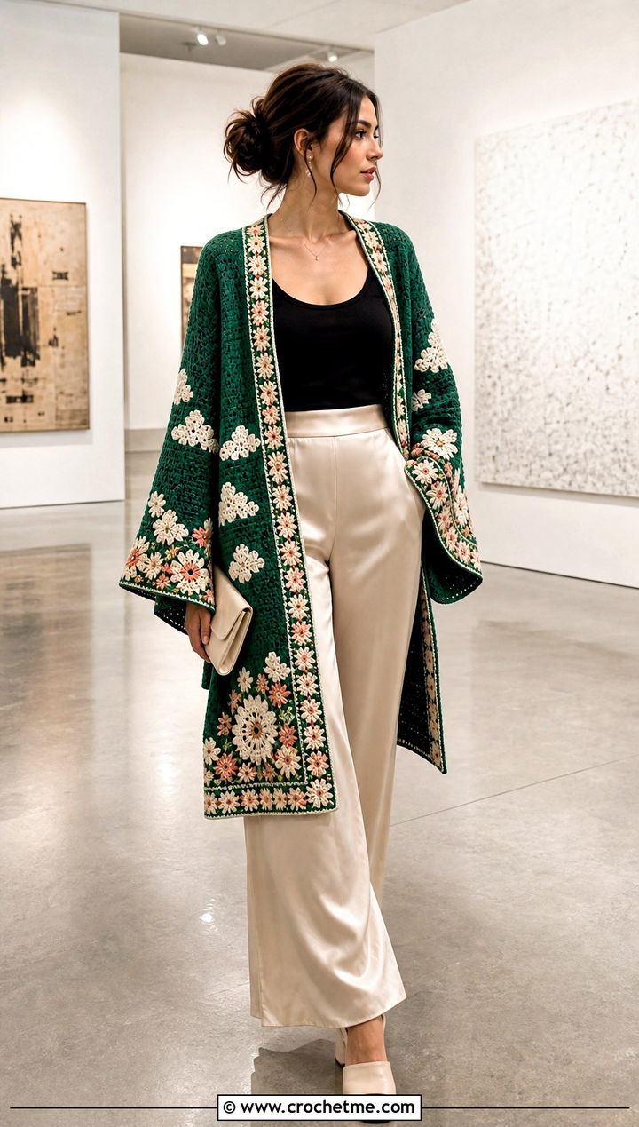 Kimono Sleeve Anime Crochet Cardigan With Satin Pants - 30 anime crochet cardigan outfit ideas