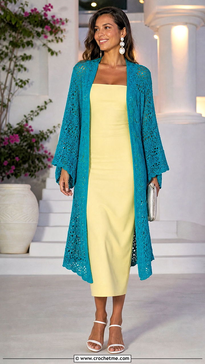 Kimono Sleeve Boho Crochet Cardigan With Column Dress - 35 Boho Crochet Cardigan outfit ideas