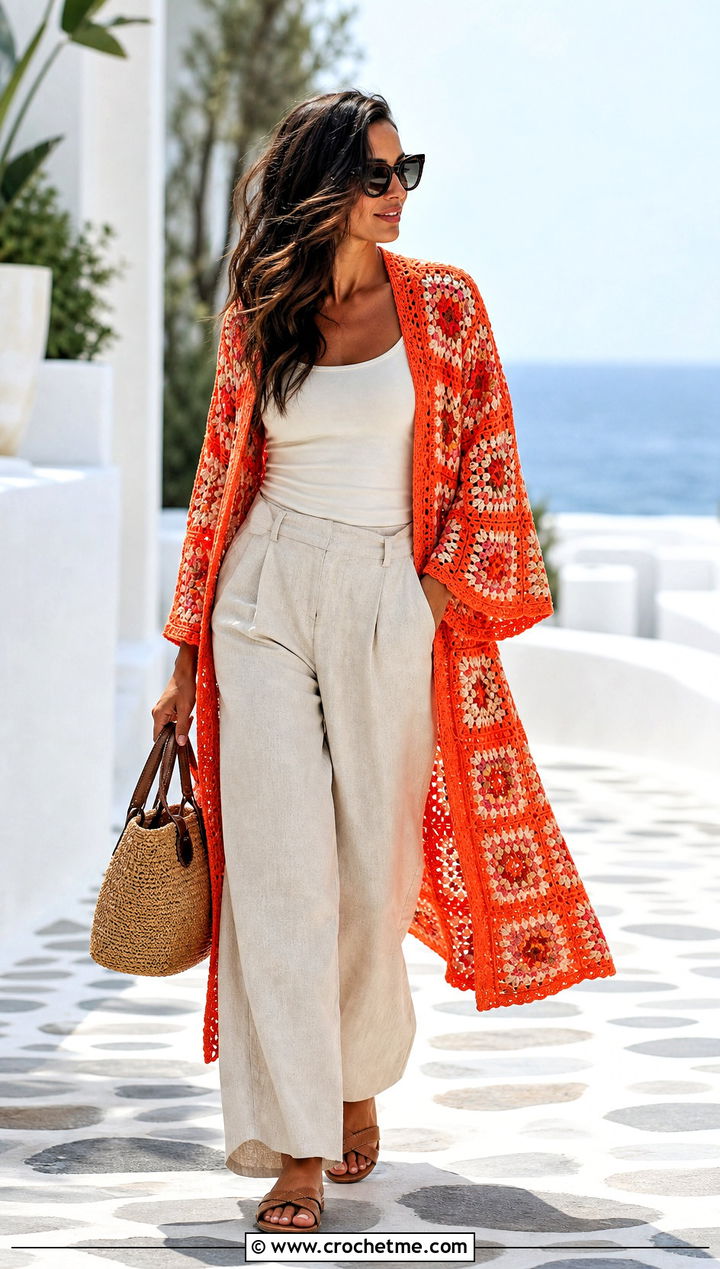 Kimono Sleeve Continuous Granny Square Cardigan With Linen Pants - 25 continuous granny square cardigan outfit ideas
