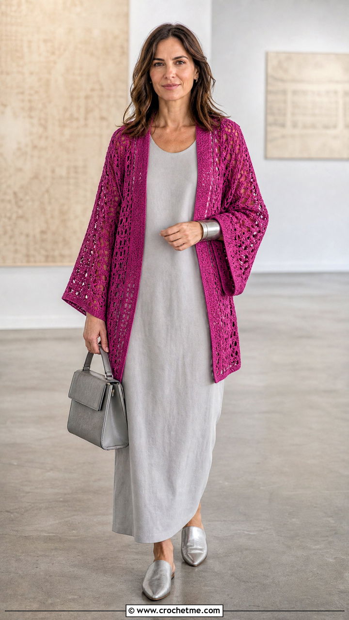 Kimono Sleeve Crochet Cardigan With Column Dress - 35 cute crochet cardigan outfit ideas