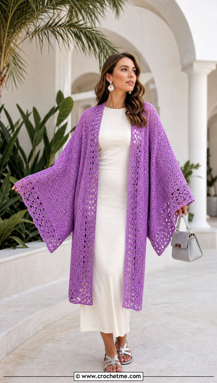 Kimono Sleeve Crochet Cardigan With Column Dress - 20 Crochet Fancy Cardigan outfit ideas