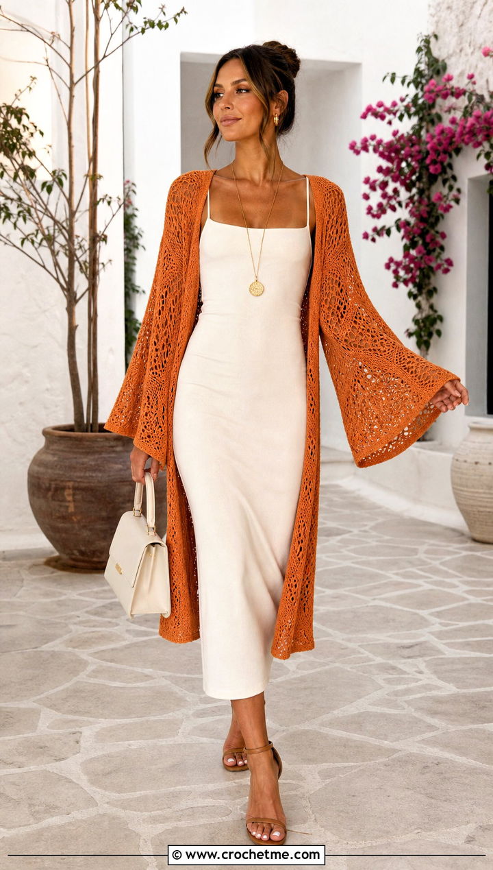 Kimono Sleeve Crochet Cardigan With Column Dress - 30 Crochet Lightweight Cardigan outfit ideas