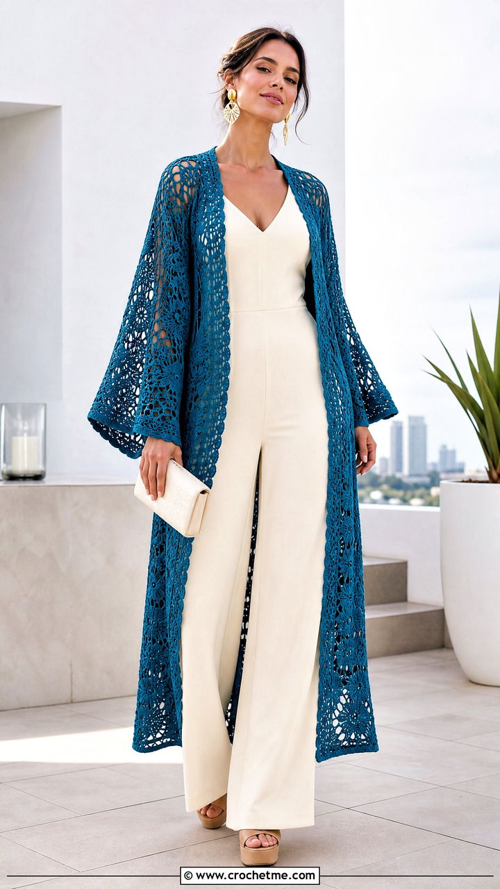 Kimono Sleeve Crochet Cardigan With Jumpsuit - 35 crochet cardigan ideas