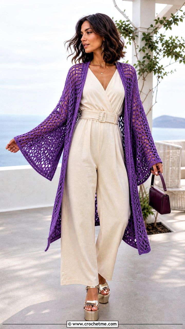 Kimono Sleeve Crochet Cardigan With Jumpsuit - 35 easy crochet cardigan outfit ideas