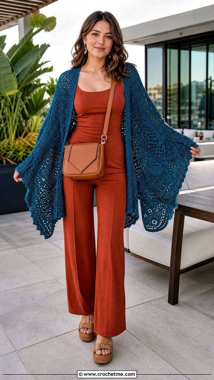 Kimono Sleeve Crochet Cardigan With Jumpsuit - 35 crochet cardigan for women outfit ideas