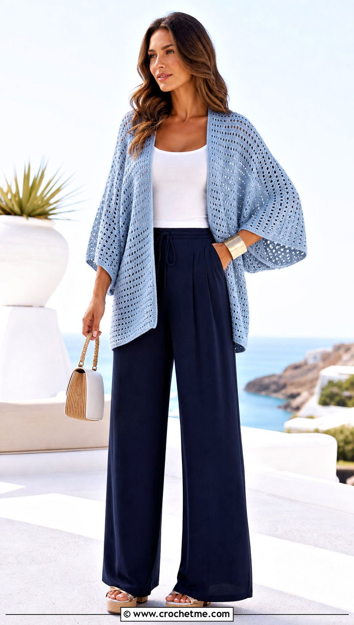 Kimono Sleeve Crochet Cardigan With Palazzo Pants - 25 womens crochet cardigan outfit ideas