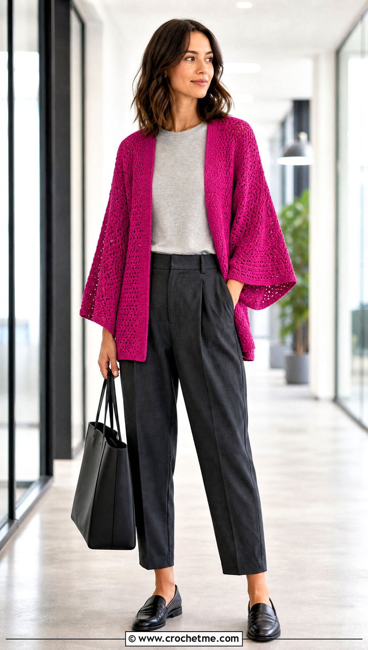 Kimono Sleeve Crochet Cardigan With Pleated Pants And Loafers - 30 Boho Crochet Kimono outfit ideas