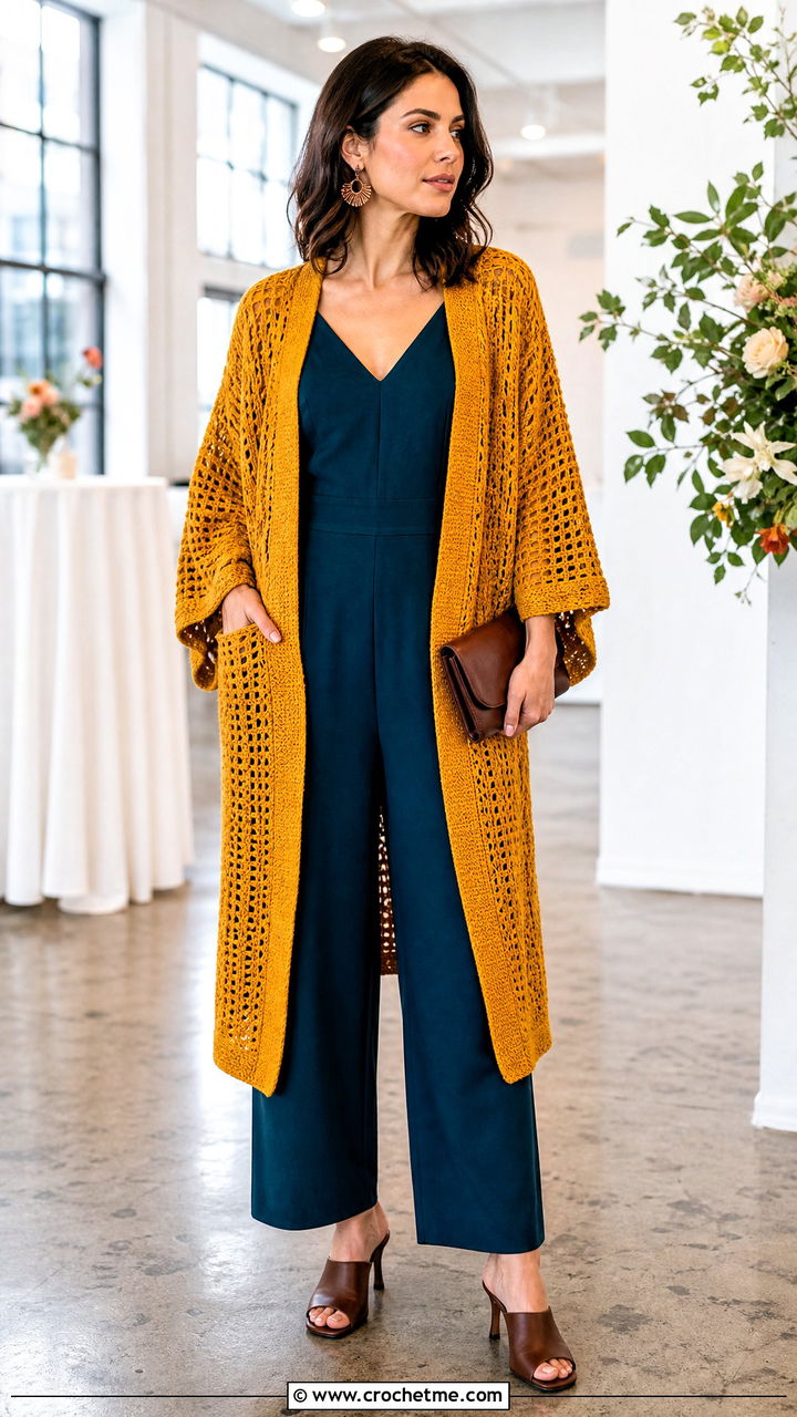 Kimono Sleeve Crochet Cardigan With Pockets And Jumpsuit - 35 crochet cardigan with pockets outfit ideas