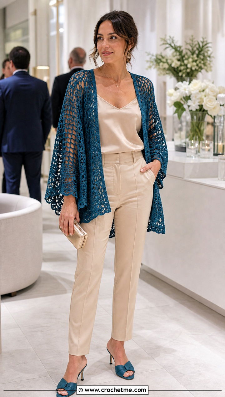 Kimono Sleeve Crochet Cardigan With Satin Camisole - 30 fast crochet cardigan outfit ideas