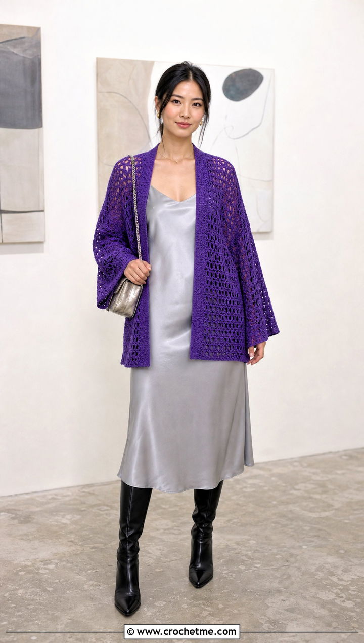 Kimono Sleeve Crochet Cardigan With Slip Dress - 25 Autumn Crochet Cardigan outfit ideas